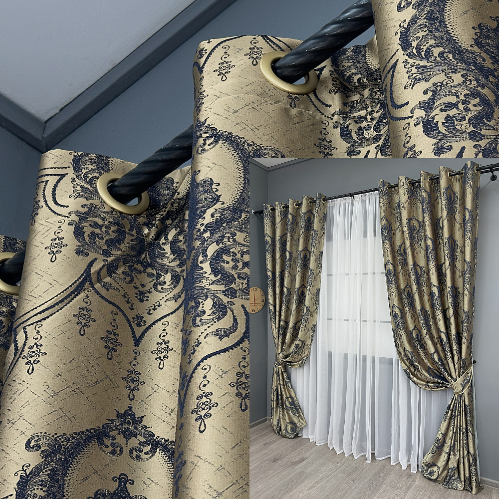 Комплект штор на люверсах VR-Textil Парча № 1776ш Бежевый с синим 155х270 см 2 шт (37-0261) Киев - изображение 1