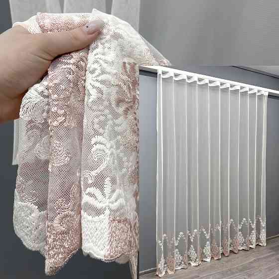 Тюль VR-Textil 1467т Грек-сетка с вышивкой Молочный с пудровым 300х270 см (42-0597) Киев