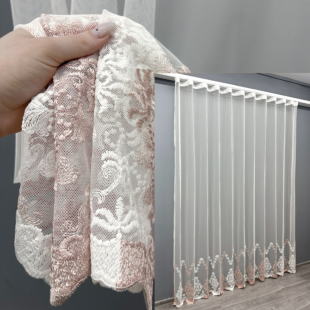Тюль VR-Textil 1467т Грек-сітка з вишивкою Молочний з пудровим 300х270 см (42-0597) Київ - фото 1