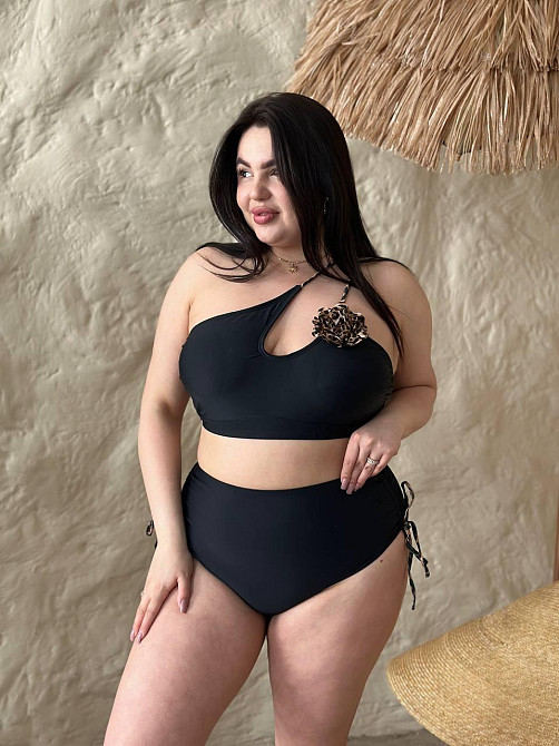 Роздільний купальник великого розміру з високою посадкою plus size з поролоновими чашками біфлекс чорний 4XL Одеса - фото 6