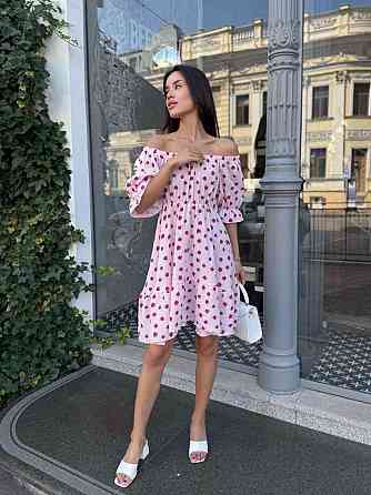 Жіноче романтичне легке принтоване плаття з відкритими плечима муслін Рожевий 2, 46/48 Одеса