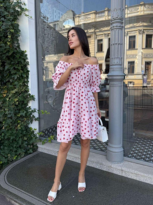 Женское романтическое легкое принтованное платье с открытыми плечами муслин Розовый 2, 46/48 Одесса - изображение 2