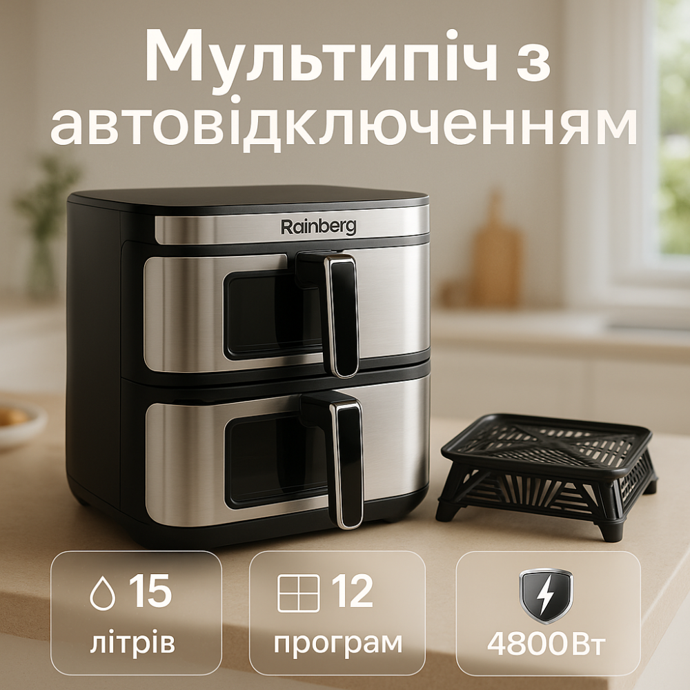 Аэрогриль для приготовление пищи в общежитие Rainberg RB-2331 4800Вт 15л, Настольная фритюрница OT-41 Львов - изображение 16