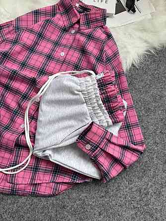 Женский повседневный костюм двойка: рубашка в клетку и штаны фланель + двунитка. Розовый 2, 48/52 Одесса