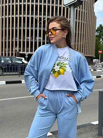 Женский костюм оверсайз с широкими брюками из двунитки Голубой 50/52 Харьков