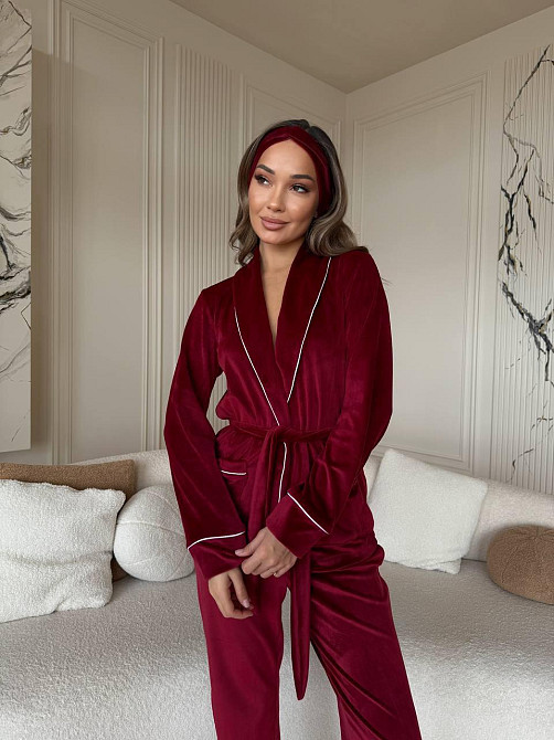 Жіноча затишна піжама: халат-кімоно, штани + пов'язка на голову велюр Бургунді, 42/44 Одеса - фото 8