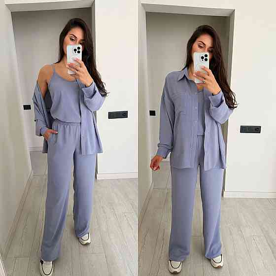 Женский базовый костюм тройка: рубашка майка и штаны креп жатка Серый, 42/44 Одесса