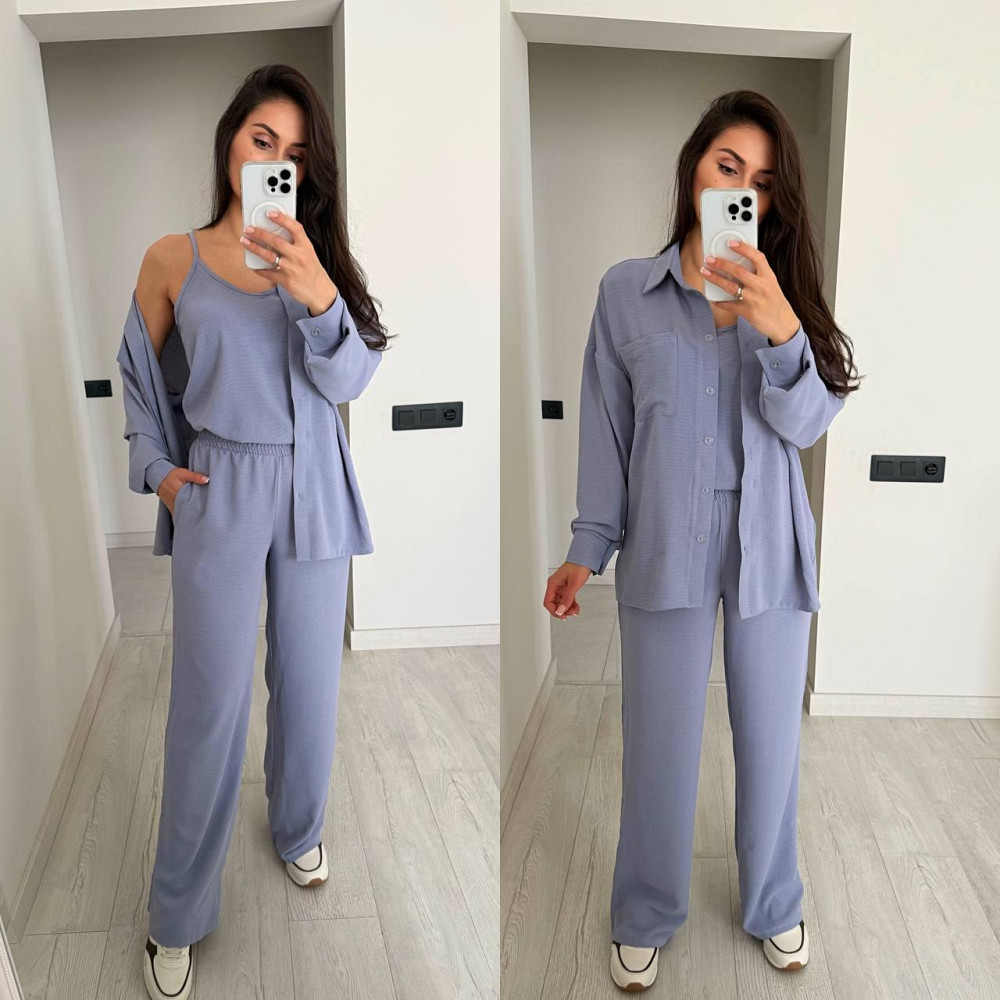 Женский базовый костюм тройка: рубашка майка и штаны креп жатка Серый, 42/44 Одесса - изображение 1