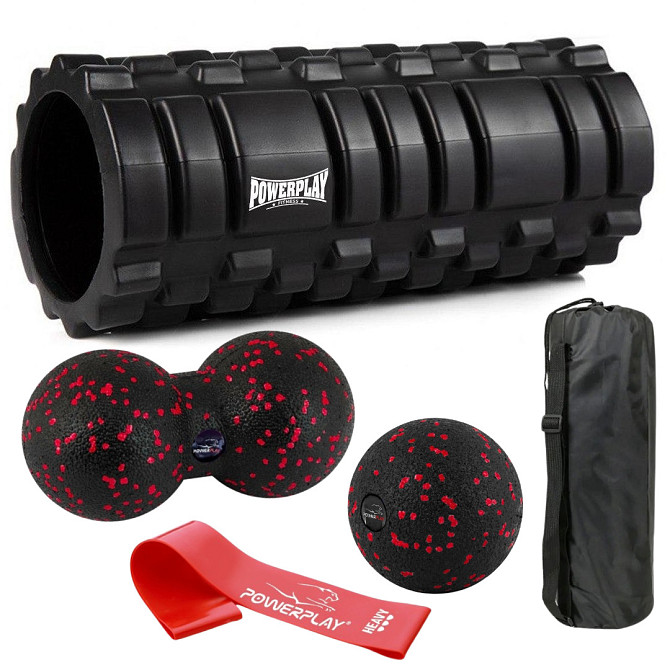 Набір для масажу та йоги PowerPlay PP_4096 (Ролик 33*14 + 2 м'ячі) Black + гумка 11 кг. Кам'янське - фото 1