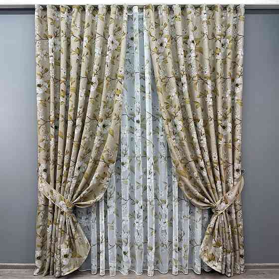 Комплект штор VR-Textil Лен Прованс 150х265 2шт и Тюль 400х265 1819ш-1908т Капучино с белым 71-107/3 Киев