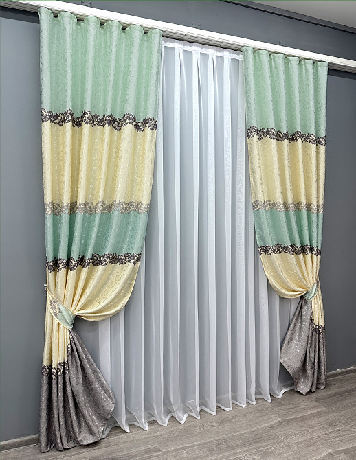 Комплект готових штор VR-Textil Льон № 1022ш Бежевий з бірюзовим 150х270 см 2 шт (30-834) Київ - фото 3