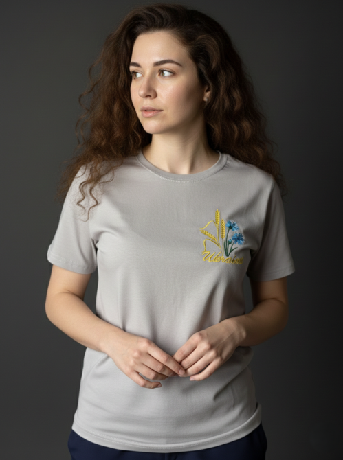 Жіноча вишита футболка бежева з колоски-волошки Київ - фото 2