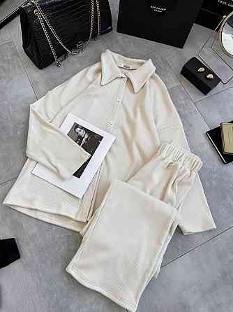 Женский базовый теплый оверсайз костюм двойка: рубашка и штаны турецкая двухсторонняя ангора рубчик Одесса