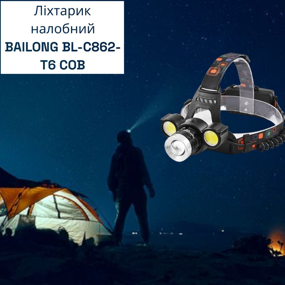 Налобний ліхтар BAILONG BL-C862-T6 з 3 світлодіодами, COB діодом, 4 режимами роботи та регульованим нахилом корпусу Одеса - фото 10