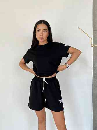 Женский летний прогулочный костюм двойка: футболка и шорты двунитка Черный, 48/52 Одесса