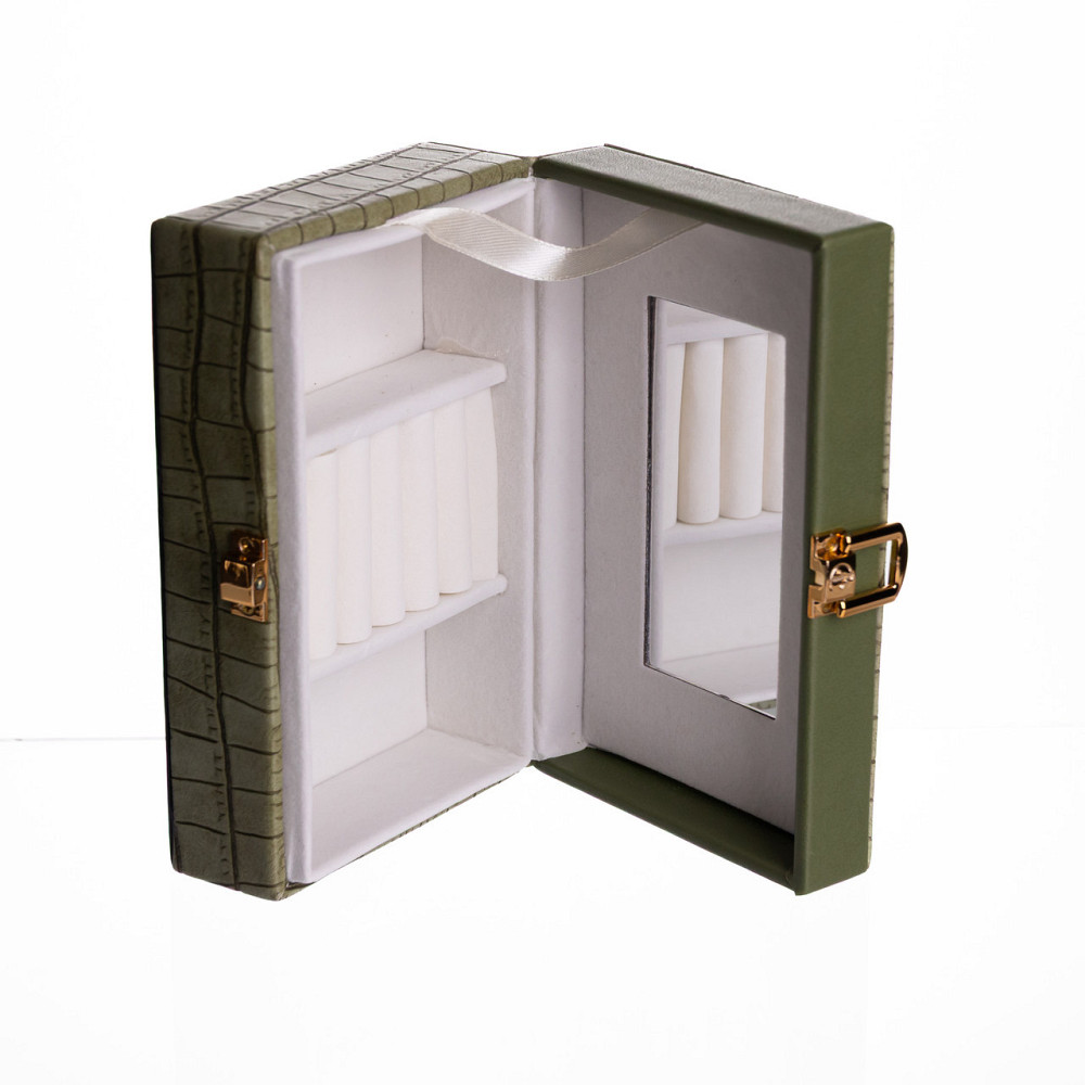 Скринька для прикрас з еко шкіри 3 відділення з дзеркалом 16×10×6 см Зелений HP-5-18GR Київ - фото 4