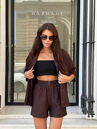 Женский летний базовый костюм двойка: шорты + рубашка свободного кроя лен бохо Одесса