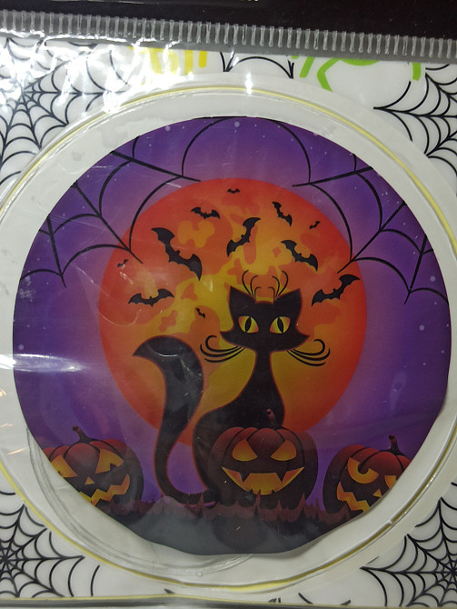 Наліпка на Хелловін 8 см зі світлодіодами Кіт з гарбузами фіолетовий Київ - фото 2