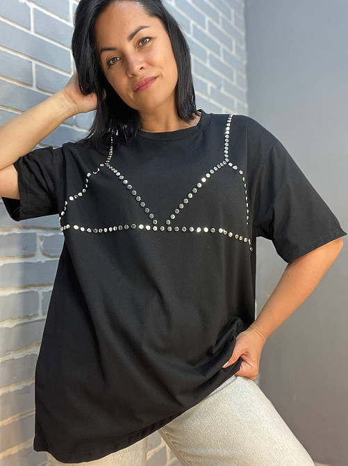 Футболка жіноча Yi Fang 320 оверсайз подовжена заклепки бра one size, чорний, one size Київ - фото 10