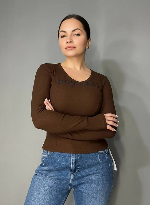 Лонгслив женский A-N 25079 рубчик реглан v-вырез с надписью принт корсетные швы one size, коричневый, one size Киев - изображение 20