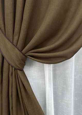 Комплект штор VR-Textil Лен Мешковина 150х270 2шт и Тюль 400х270 1476ш-115т Коричневый с белым 71-028/3 Киев