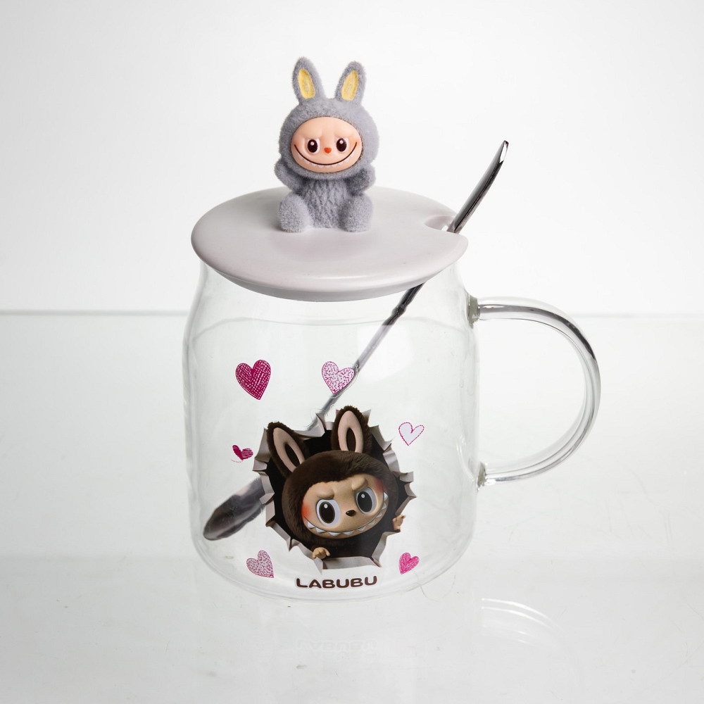 Yiwu Новорічна велика скляна чашка "Лабубу" з кришкою та ложкою 600 мл, Святкова кружка чашка д Коломия - фото 2
