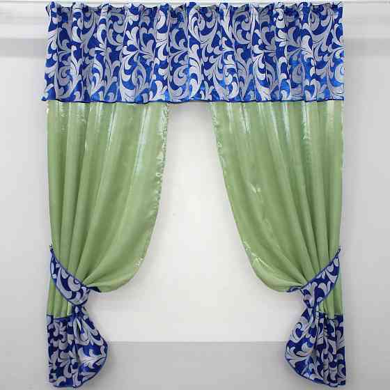 Кухонные шторы VR-Textil № 073к с ламбрекеном и подхватами светло-оливковый с синим 270х170 см (52-0474) Киев