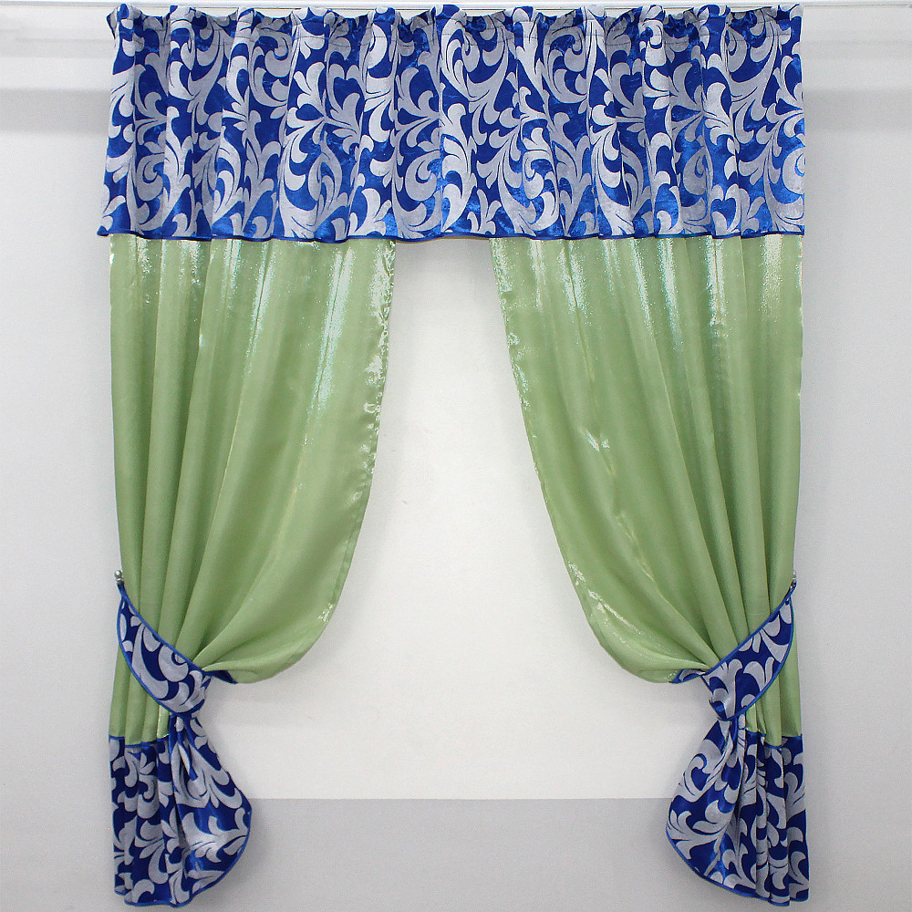 Кухонные шторы VR-Textil № 073к с ламбрекеном и подхватами светло-оливковый с синим 270х170 см (52-0474) Киев - изображение 1