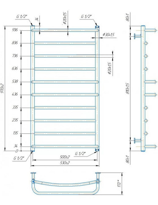 Водяной полотенцесушитель Mario INOX Люкс 970х530/500 Киев - изображение 4
