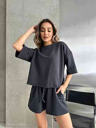 Жіночий повсякденний прогулянковий костюм-двійка: футболка та шорти турецька петля пеньє 100% бавовна Графітова, 42/44 Одеса