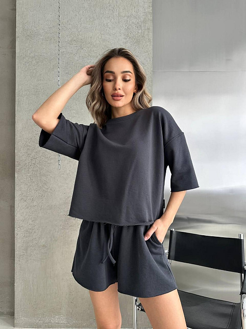 Жіночий повсякденний прогулянковий костюм-двійка: футболка та шорти турецька петля пеньє 100% бавовна Графітова, 42/44 Одеса - фото 1