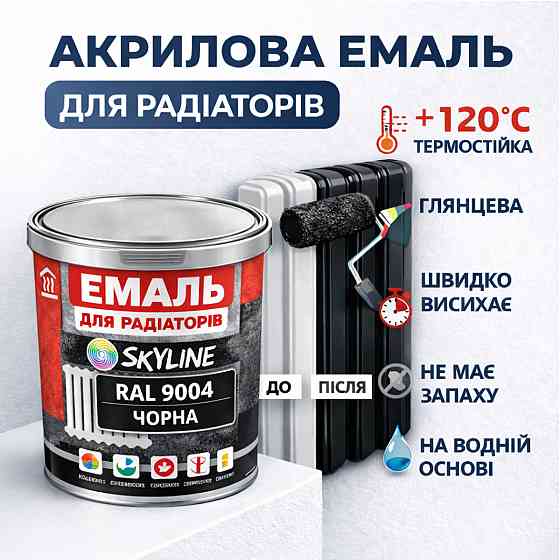 Акрилова емаль для радіаторів і труб опалення SkyLine, глянцева, термостійка, без запаху, чорна, 750 мл Харків