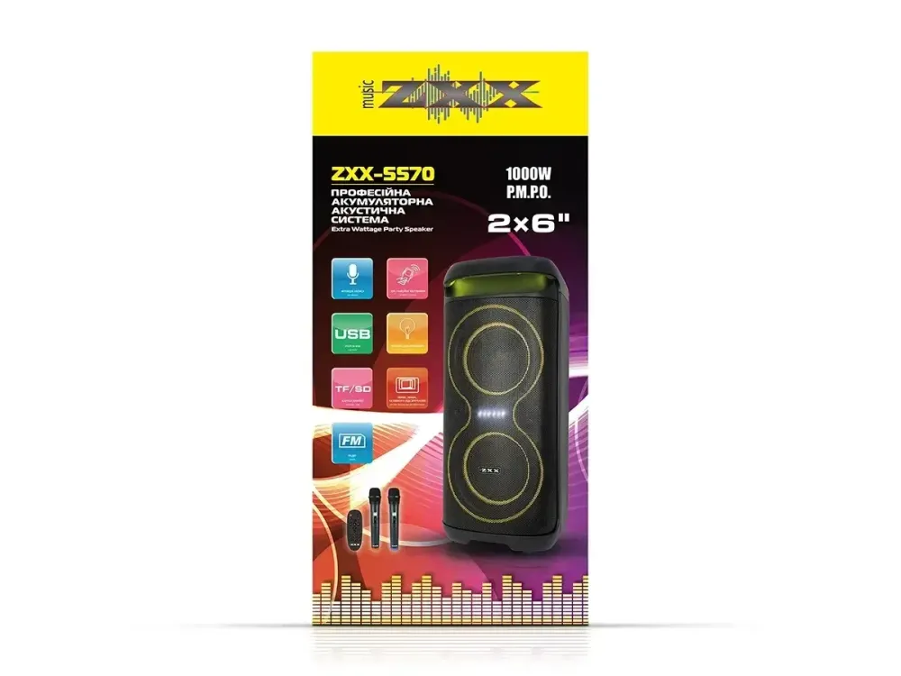 Портативна акустична колонка ZXX-5570 30Вт 2x6" Bluetooth, USB, TF, FM, LED, 2 бездротові мікрофони, пульт ДК Одеса - фото 2