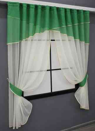Кухонные шторы VR-Textil № 091к с ламбрекеном и подвязками зеленый с молочным 280х170 см (52-0868) Киев