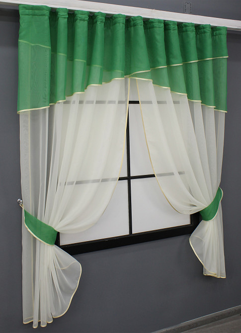 Кухонные шторы VR-Textil № 091к с ламбрекеном и подвязками зеленый с молочным 280х170 см (52-0868) Киев - изображение 2