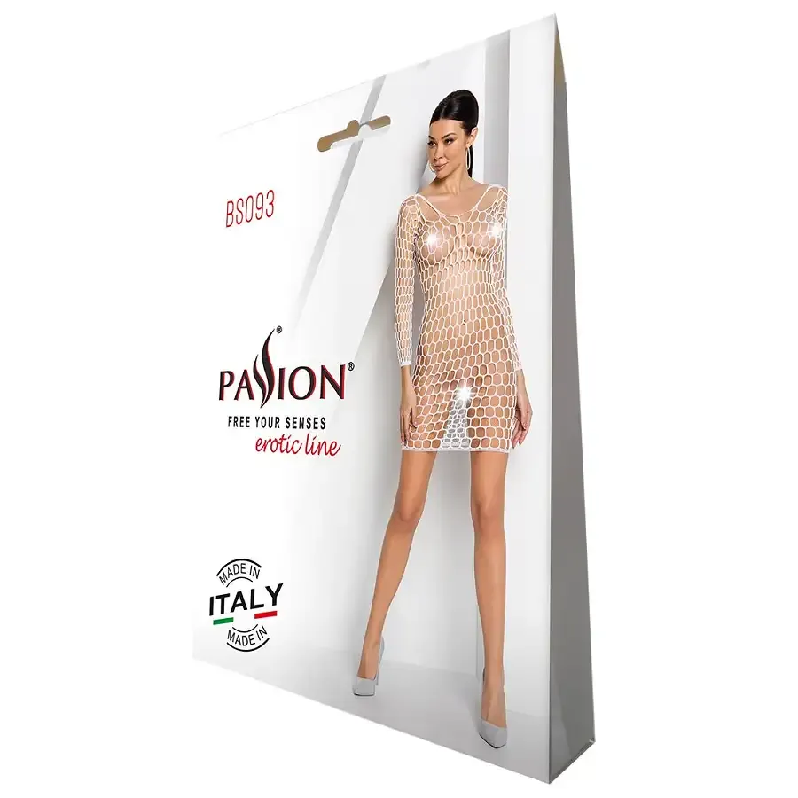 Бодістокінг-сукня з глибоким коміром Passion BS093 white, довгі рукави Львів - фото 4