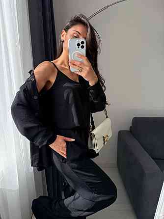 Женский базовый костюм тройка: рубашка майка и штаны креп жатка Черный, 50/52 Одесса