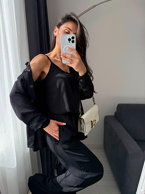 Женский базовый костюм тройка: рубашка майка и штаны креп жатка Черный, 50/52 Одесса - изображение 4