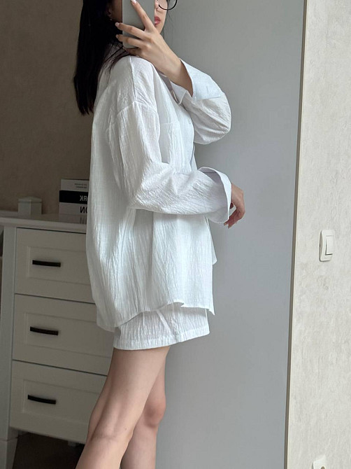 Жіночий літній костюм-двійка: сорочка та шорти турецький льон жатка Молочний, 42/44 Одеса - фото 2