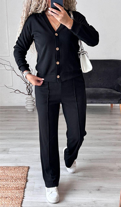 Жіночий стильний повсякденний костюм-двійка: кардиган на ґудзиках + штани трикотажний рубчик Чорний, 46/48 Одеса - фото 3