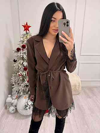 Жіноча стильна вечірня сукня-піджак костюмка+мереживо Шоколад Одеса