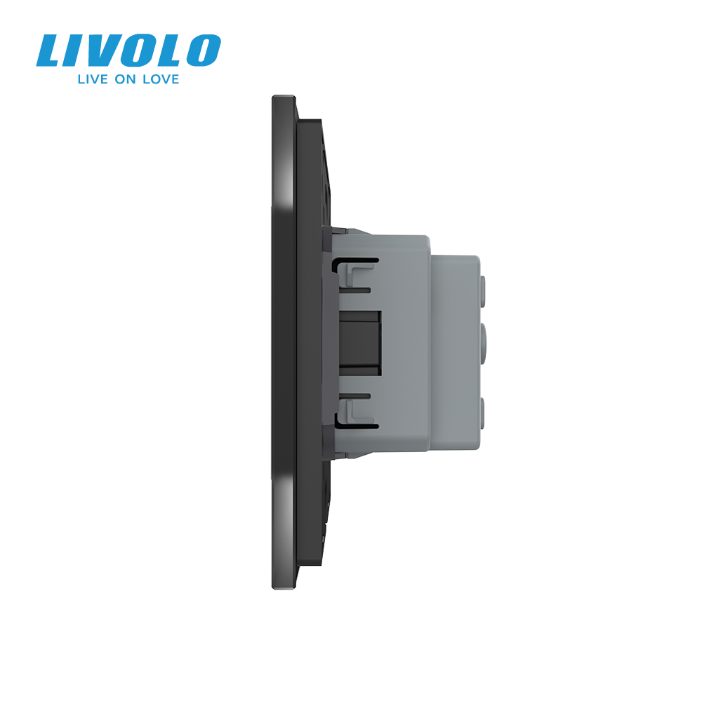 Електрична розетка з заземленням LIVOLO, чорна, скляна матова рамка, шторки, 250В 16А Коломия - фото 4