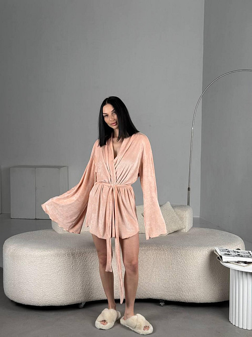 Женский домашний велюровый мини халат плюш велюр Персик, 48/52 Одесса - изображение 4
