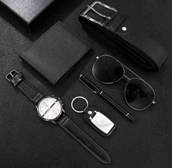 Подарочный набор для мужчин 6 в 1 (часы, очки, ручка, ремень, кошелек, брелок), черный, подарочная коробка Киев