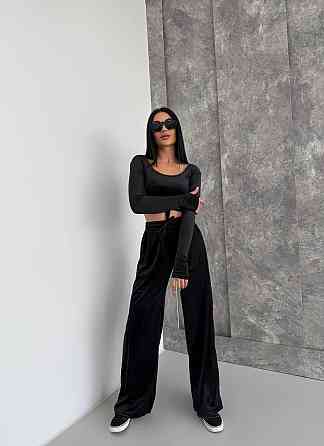 Женский прогулочный костюм двойка: лонгслив и штаны велюр Черный, 46/48 Одесса