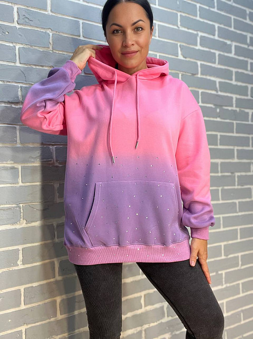 Худі жіноче Joy One 3009 з капюшоном подовжене оверсайз градієнт кольору розсип камінців one size рожевий, рожевий, one size Київ - фото 15