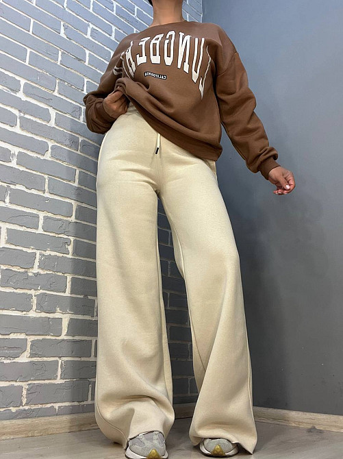 Костюм жіночий Quzen 388-488 подовжений світшот напис брюки палаццо широкі утеплений на флісі коричн Одеса - фото 1