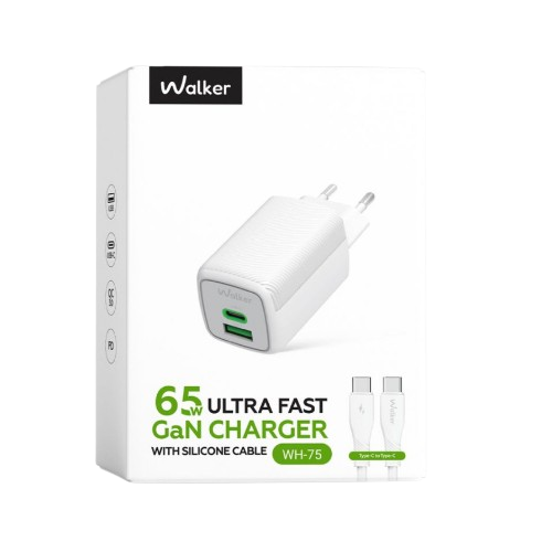 Зарядний пристрій мережевий USB/Type-C + кабель Type-C 65W білий GaN WALKER WH-75 white Житомир