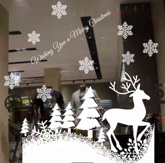 Новорічні наклейки ялинки та олень - розмір стікера 50*70см, силікон Київ