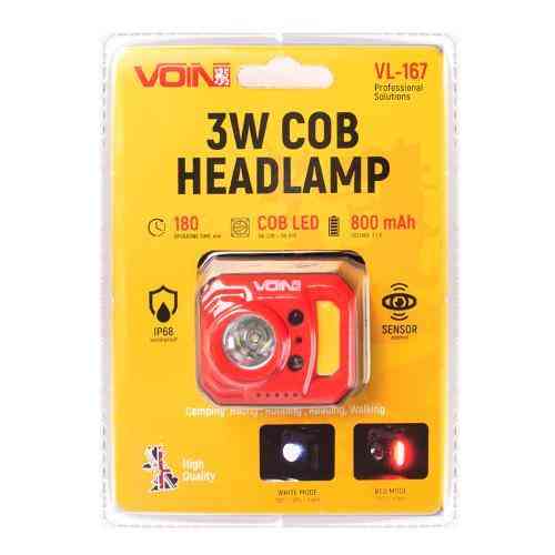 Налобний ліхтар VOIN VL-167, 3W COB (W/R) + 3W XPE, АКБ 800mAh, регулювання нахилу, сенсор Харків